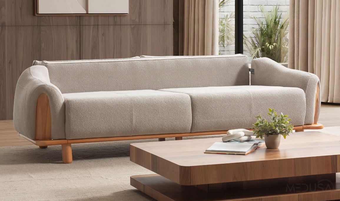 Medusa Home Mobilya - Alaçam Wood Krem Üçlü Koltuk