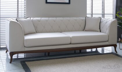 Medusa Home Mobilya - Art Walnut Beyaz Üçlü Koltuk