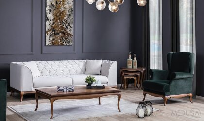 Medusa Home Mobilya - Art Walnut Beyaz Üçlü Koltuk