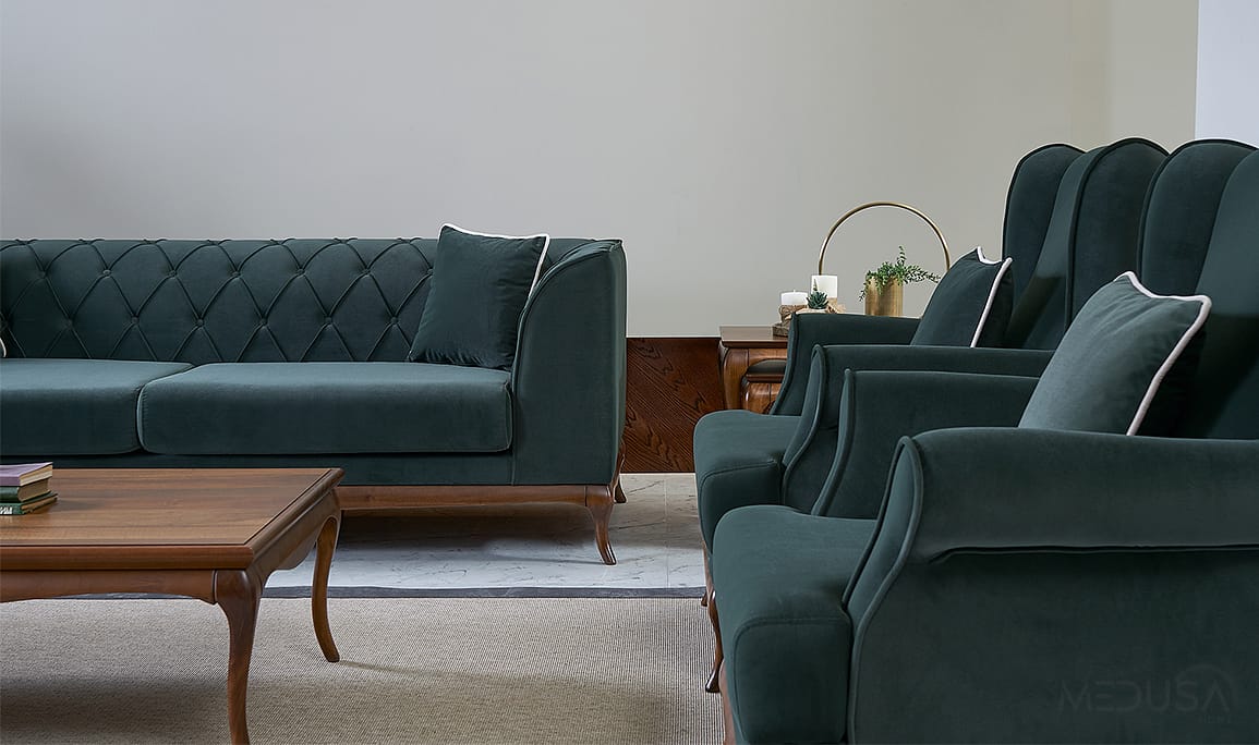 Medusa Home Mobilya - Art Walnut Yeşil Üçlü Koltuk