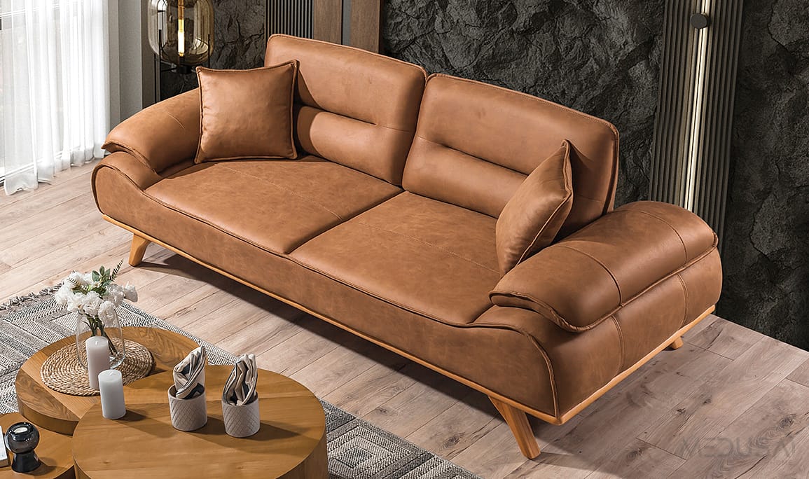 Medusa Home Mobilya - Arvos Nubuk Hardal Üçlü Koltuk