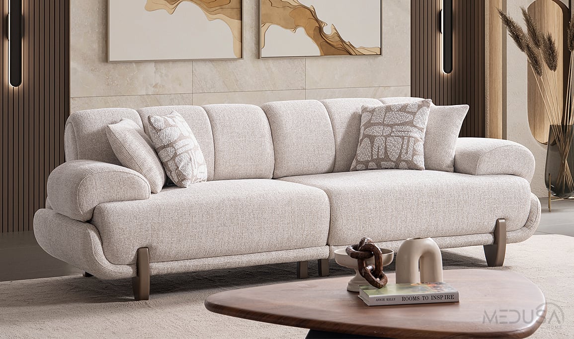 Medusa Home Mobilya - Auren Beyaz Üçlü Koltuk