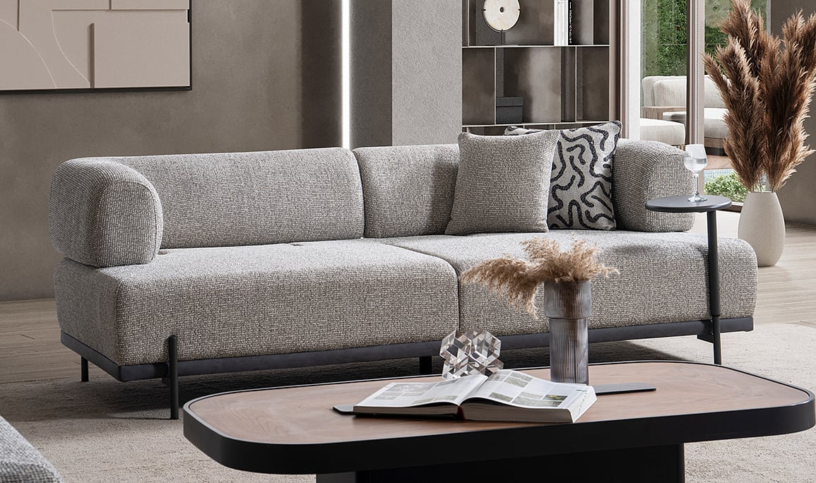 Medusa Home Mobilya - Belinda Üçlü Koltuk - İlave Kollu Sehpalı