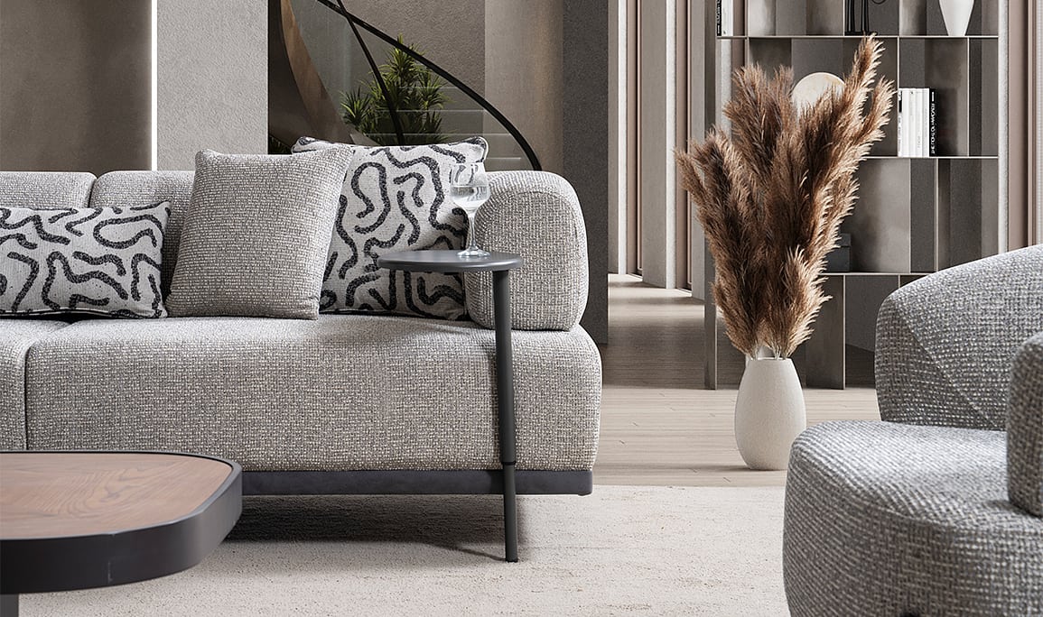 Medusa Home Mobilya - Belinda Üçlü Koltuk - İlave Kollu Sehpalı