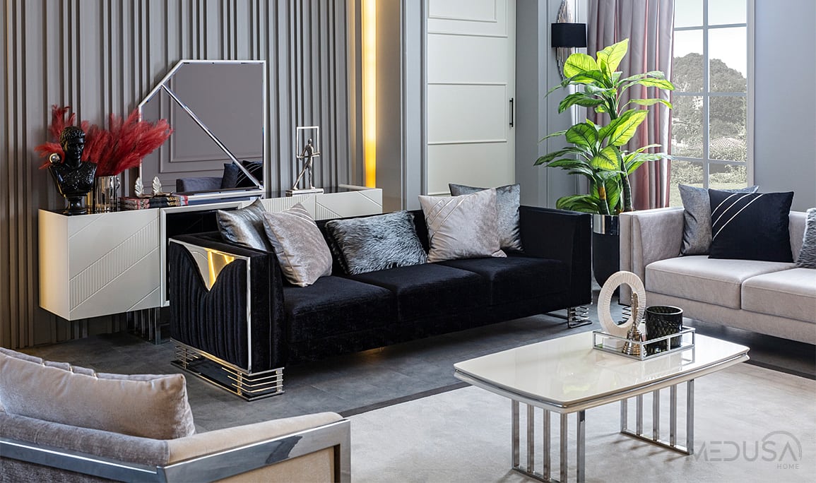 Medusa Home Mobilya - Bella Gümüş Üçlü Koltuk Antrasit