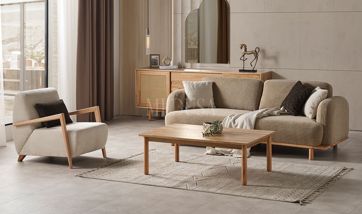Medusa Home Mobilya - Bohem Ahşap Kahve Üçlü Koltuk