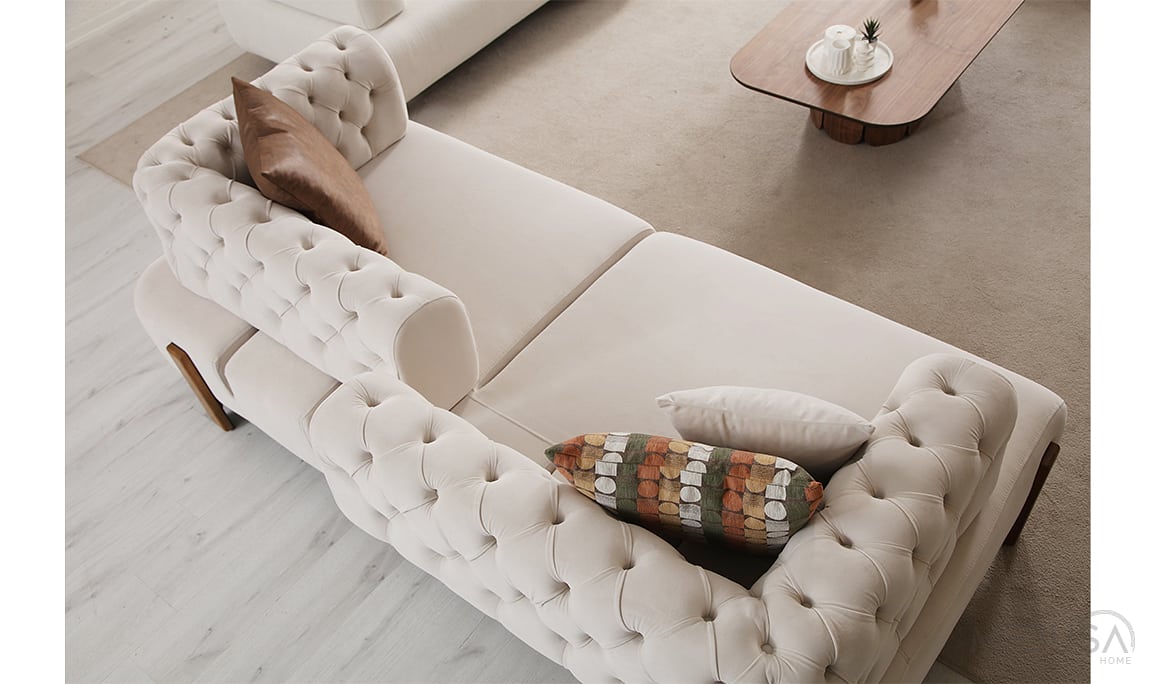 Medusa Home Mobilya - Cratos Wood Yataklı Kapitoneli Üçlü Koltuk