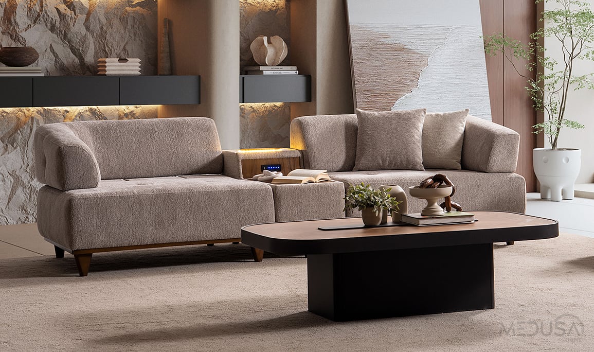 Medusa Home Mobilya - Dante Sehpalı ve Ses Sistemli Üçlü Koltuk