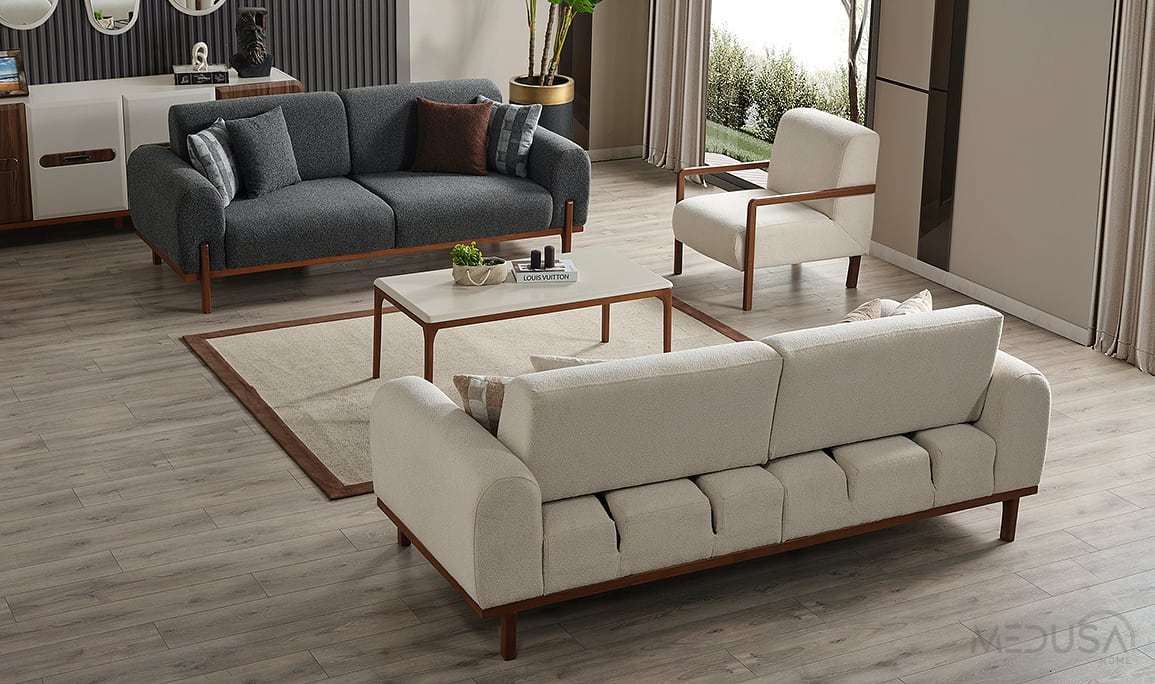 Medusa Home Mobilya - Eliah Bohem Beyaz Üçlü Koltuk