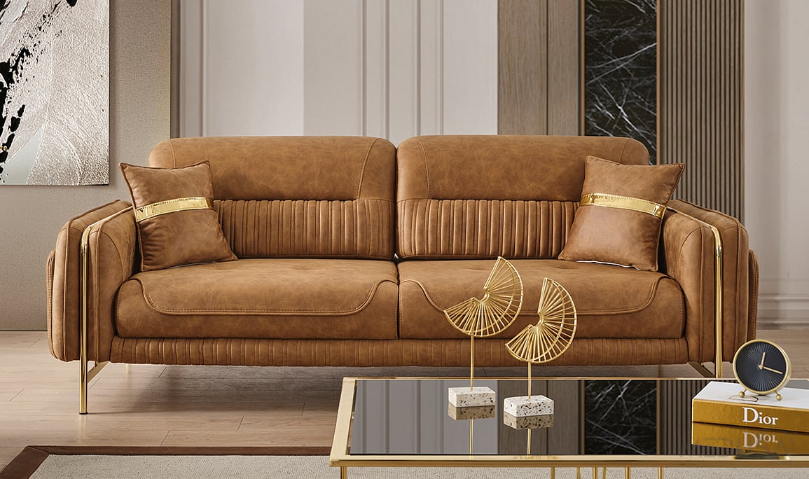 Medusa Home Mobilya - Elora Gold Karamel Üçlü Koltuk