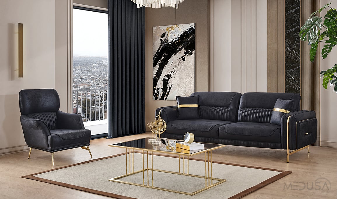 Medusa Home Mobilya - Elora Gold Siyah Üçlü Koltuk