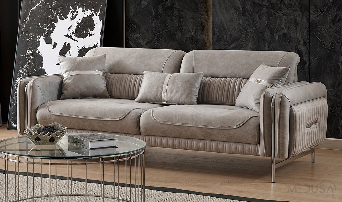 Medusa Home Mobilya - Elora Krom Gri Üçlü Koltuk