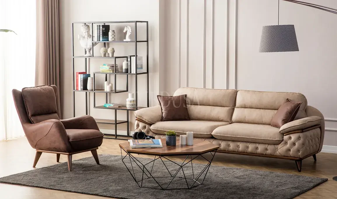 Medusa Home Mobilya - Enza Koltuk Takımı Kahve - Krem