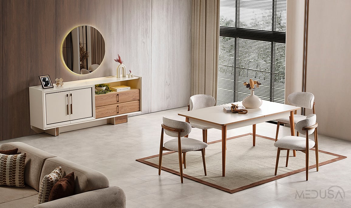 Medusa Home Mobilya - Heritage Krem & Ceviz Yemek Odası