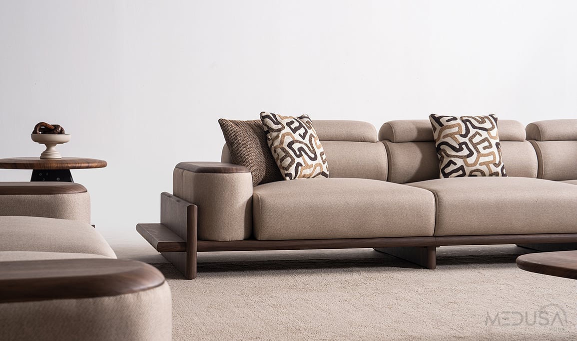 Medusa Home Mobilya - Hisar Kahve Beşli Koltuk - Ahşap Kollu