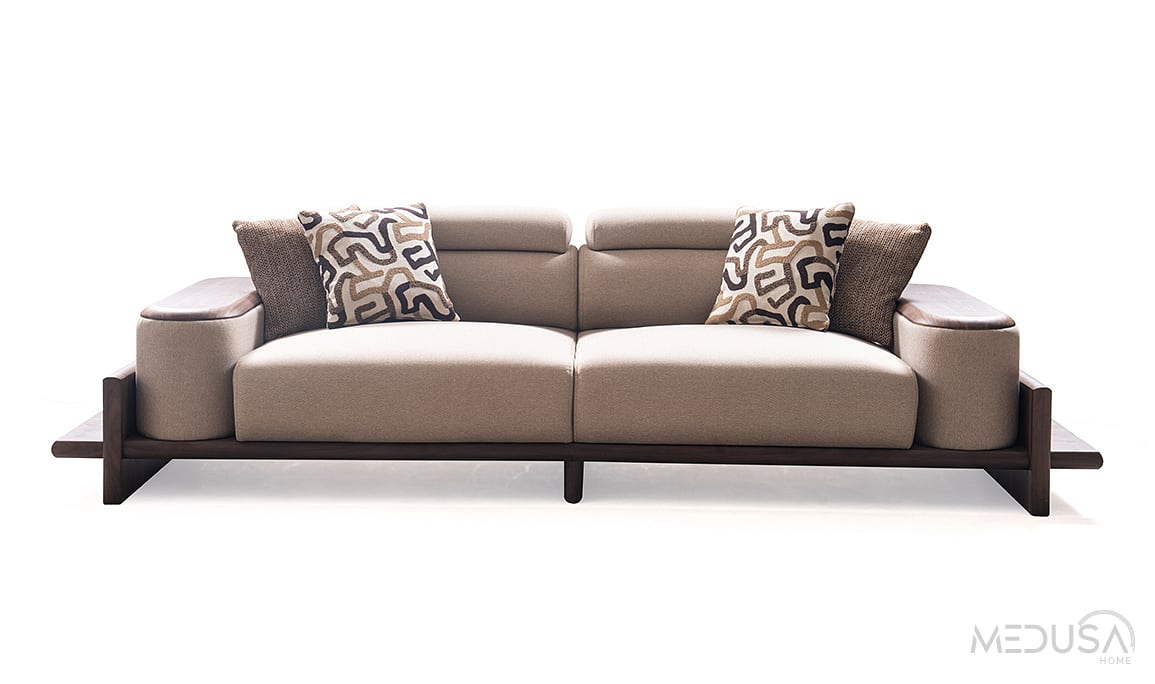 Medusa Home Mobilya - Hisar Kahve Üçlü Koltuk - Ahşap Kollu