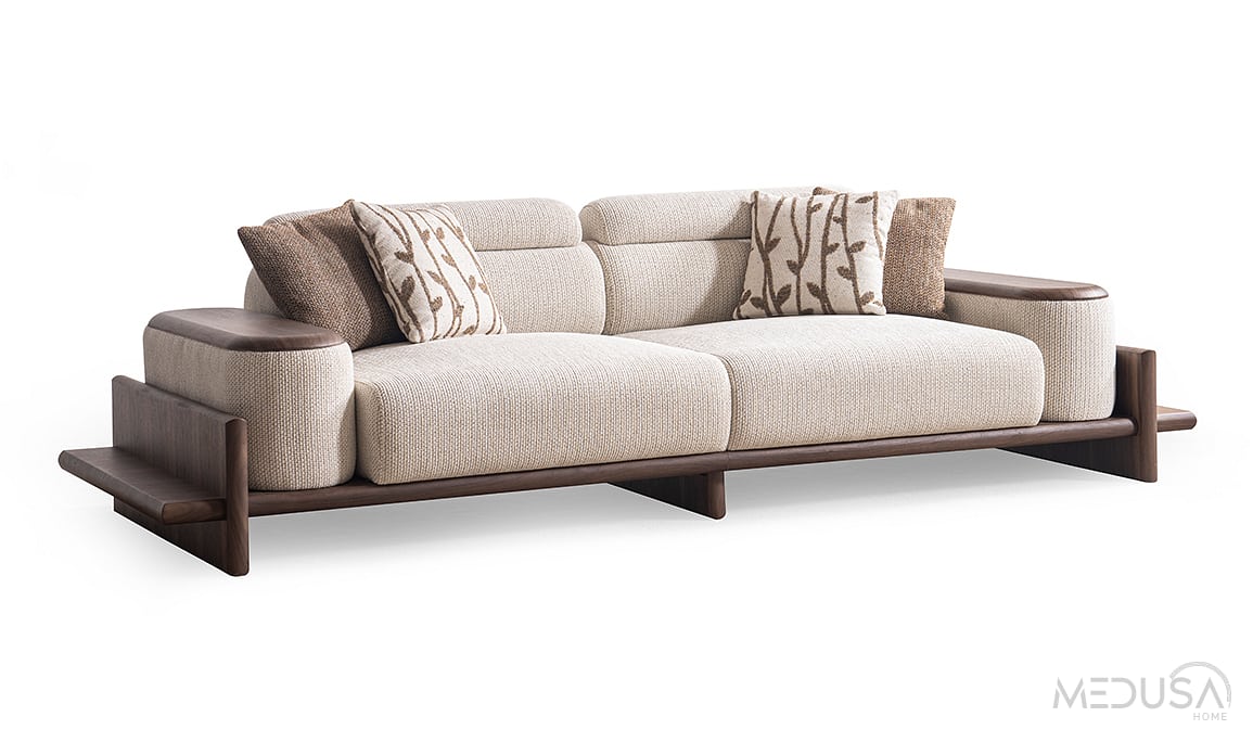 Medusa Home Mobilya - Hisar Krem Üçlü Koltuk - Ahşap Kollu