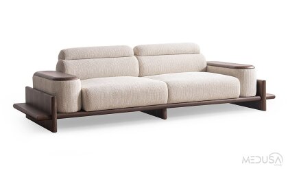 Medusa Home Mobilya - Hisar Krem Üçlü Koltuk - Ahşap Kollu