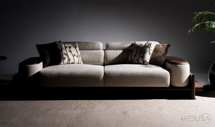 Medusa Home Mobilya - Hisar Krem Üçlü Koltuk - Ahşap Kollu