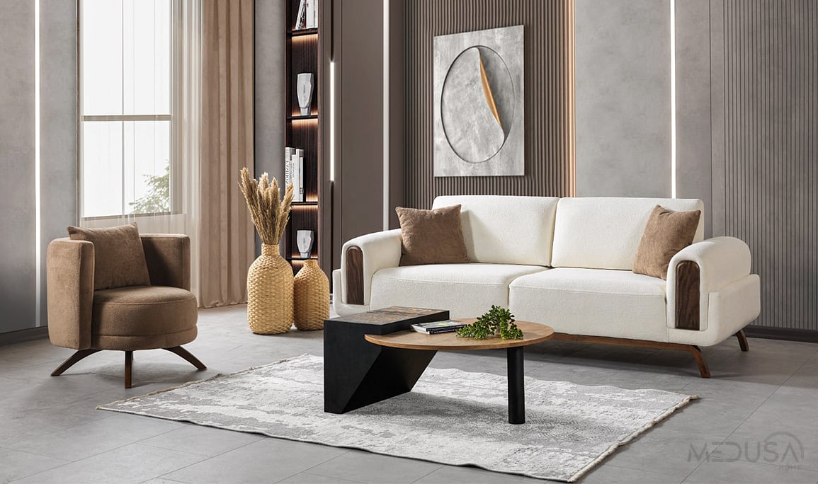 Medusa Home Mobilya - Huma Beyaz Üçlü Koltuk