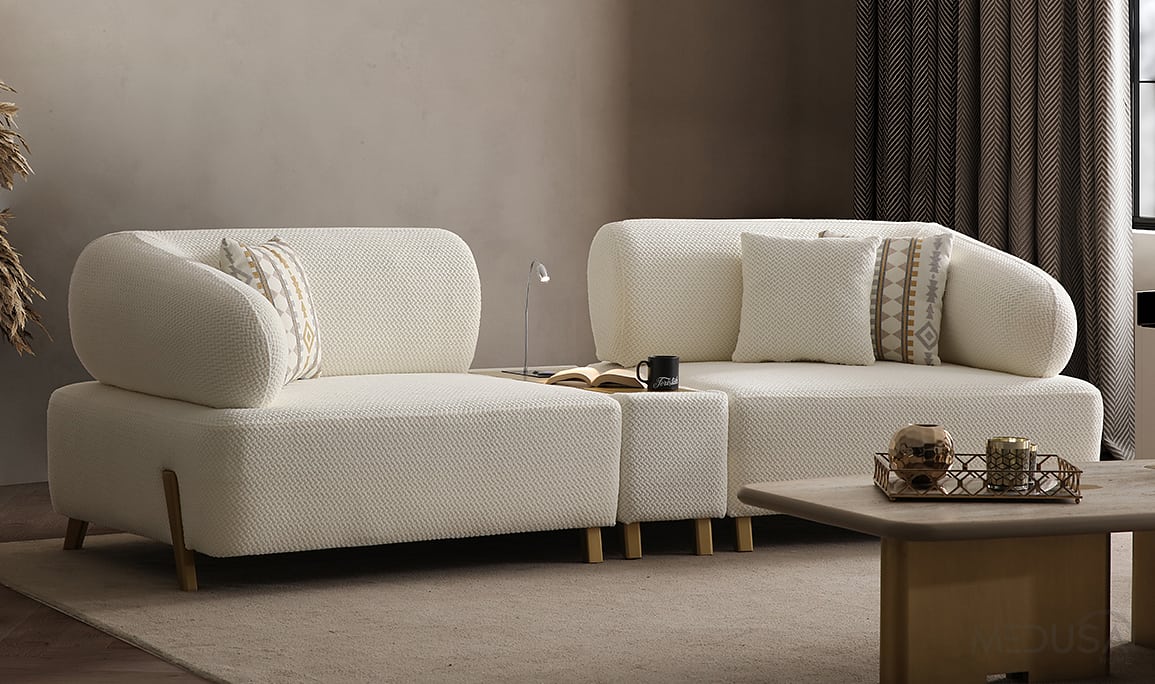 Medusa Home Mobilya - İlyora Antik Yataklı ve Sehpalı Üçlü Koltuk