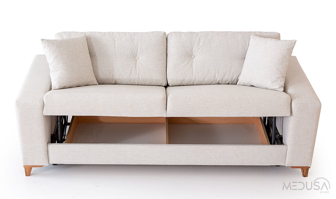 Medusa Home Mobilya - Kumsal Çekyatlı Bej Üçlü Koltuk