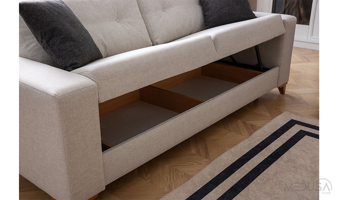 Medusa Home Mobilya - Kumsal Çekyatlı Bej Üçlü Koltuk