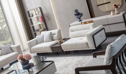 Medusa Home Mobilya - Leona Meşe Sehpalı Üçlü Koltuk