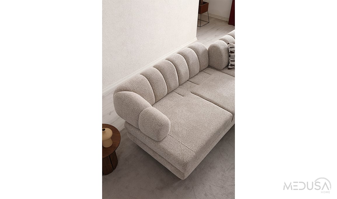 Medusa Home Mobilya - Lion Bohem Sandıklı Krem Üçlü Koltuk