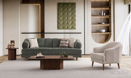 Medusa Home Mobilya - Lion Bohem Sandıklı Yeşil Üçlü Koltuk