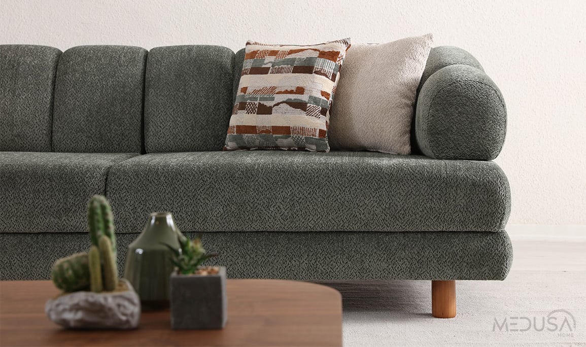 Medusa Home Mobilya - Lion Bohem Sandıklı Yeşil Üçlü Koltuk