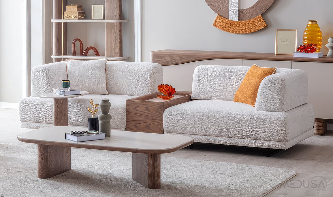 Medusa Home Mobilya - Matilda Ceviz Sehpalı Üçlü Koltuk