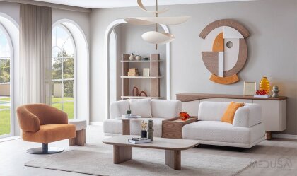 Medusa Home Mobilya - Matilda Ceviz Sehpalı Üçlü Koltuk