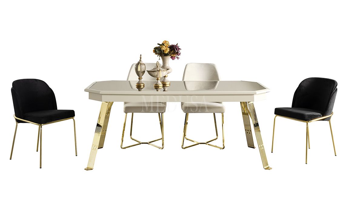 Medusa Home Mobilya - Max Beyaz-Gold Yemek Masası