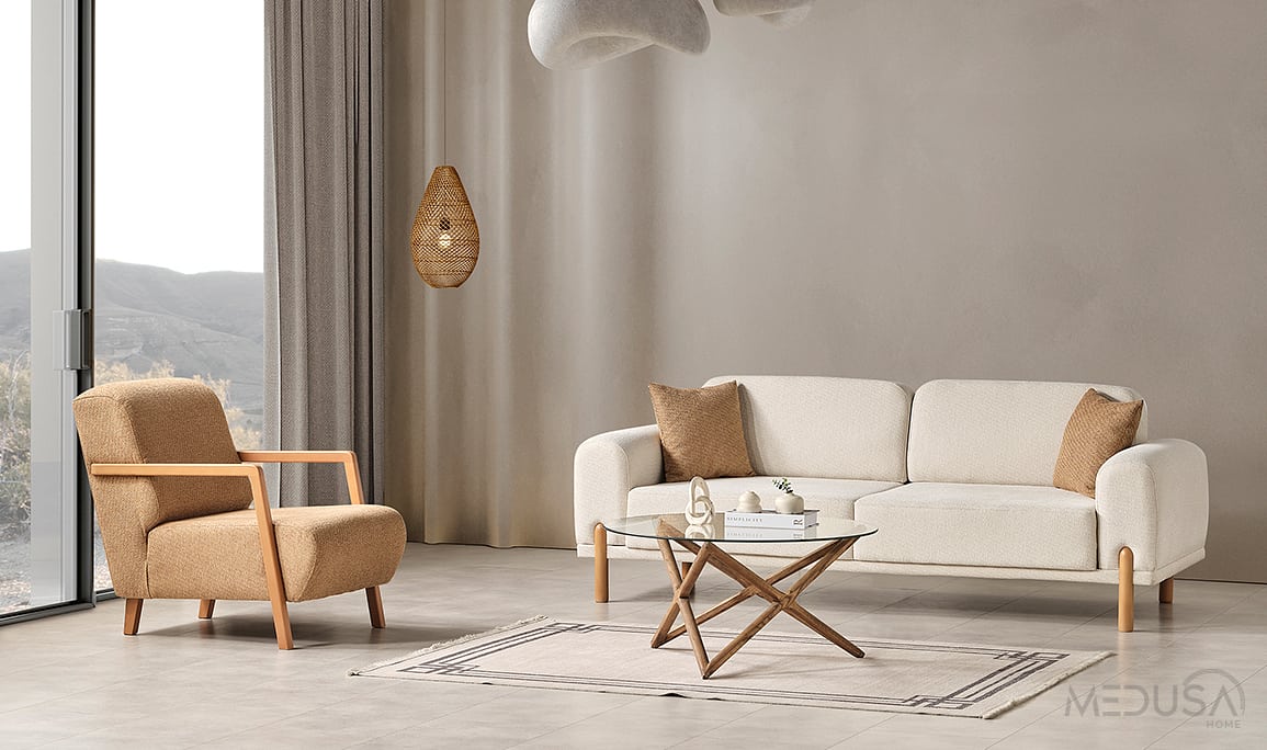 Medusa Home Mobilya - Mirage Bohem Beyaz Üçlü Koltuk