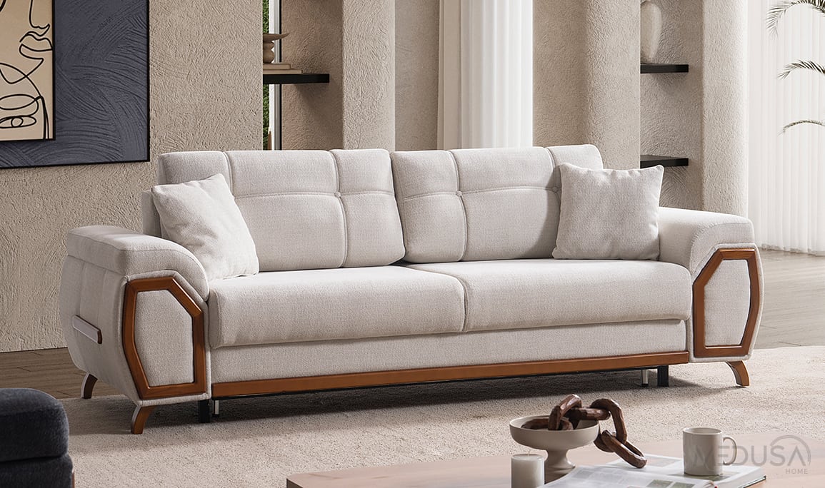 Medusa Home Mobilya - Nivel Sandıklı Beyaz Üçlü Koltuk