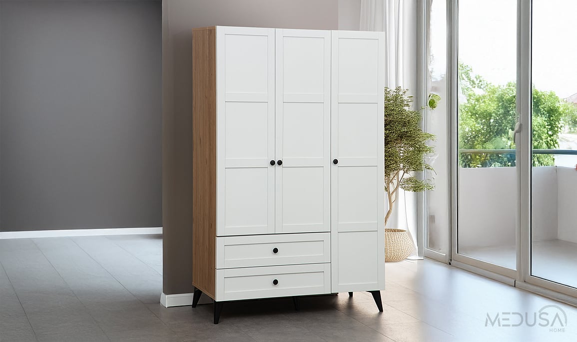 Medusa Home Mobilya - Nova Ceviz & Beyaz 3 Kapılı Gardırop