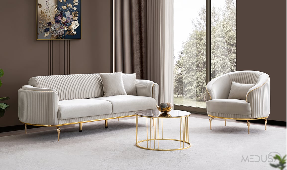 Medusa Home Mobilya - Prestij Luxury Beyaz Üçlü Koltuk