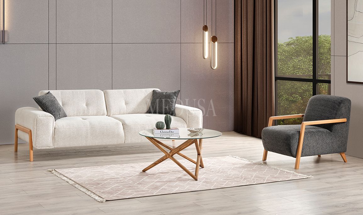 Medusa Home Mobilya - Rolexa Ahşap Beyaz Üçlü Koltuk