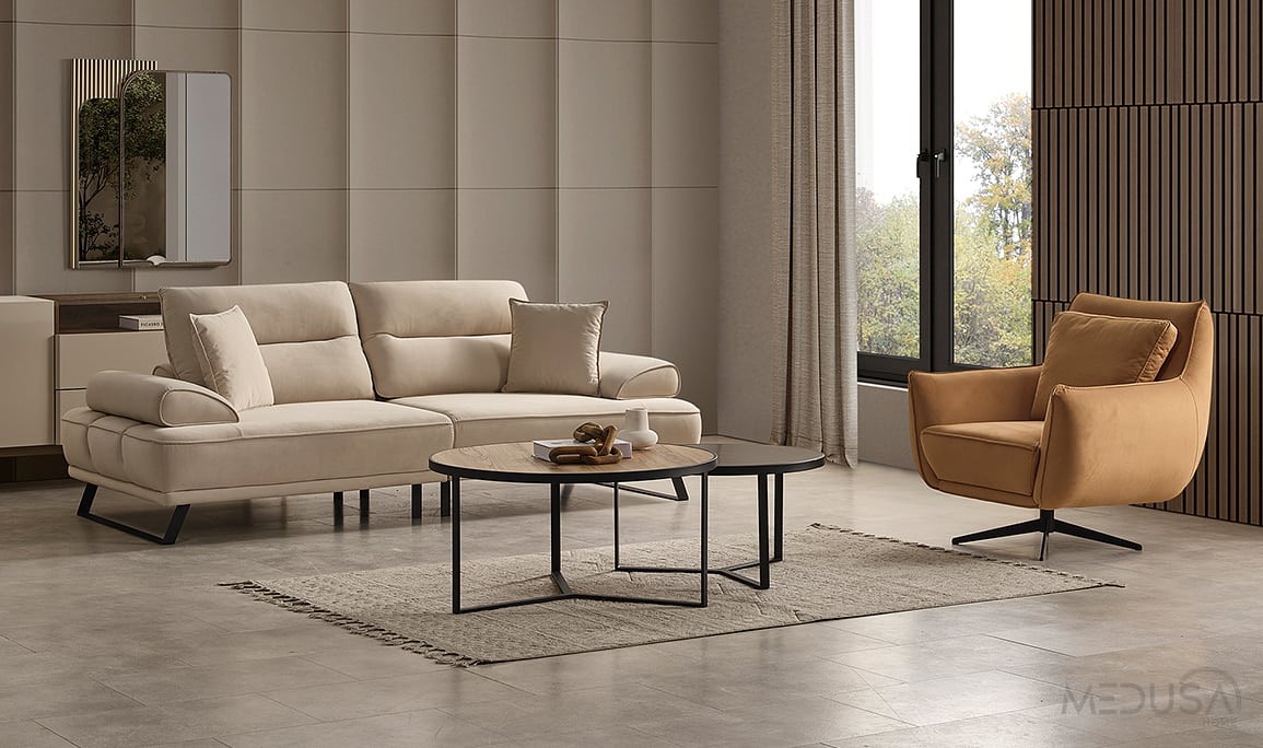 Medusa Home Mobilya - Velar Krem Üçlü Koltuk