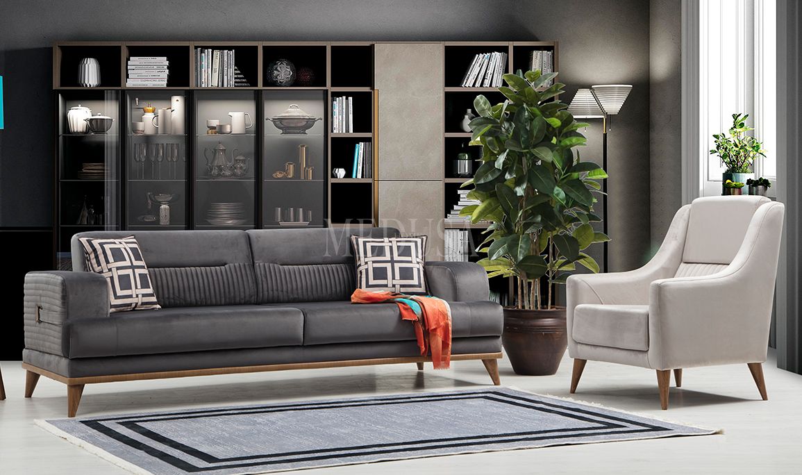 Medusa Home Mobilya - Zena Antrasit Üçlü Koltuk